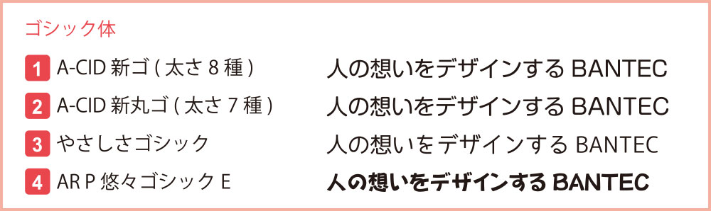 使用できるフォントの一例　ゴシック体