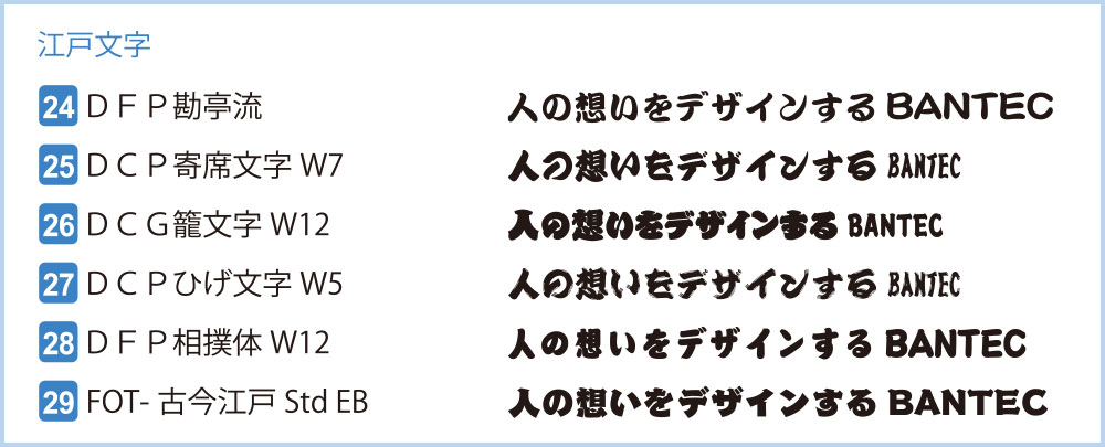 使用できるフォントの一例　江戸文字