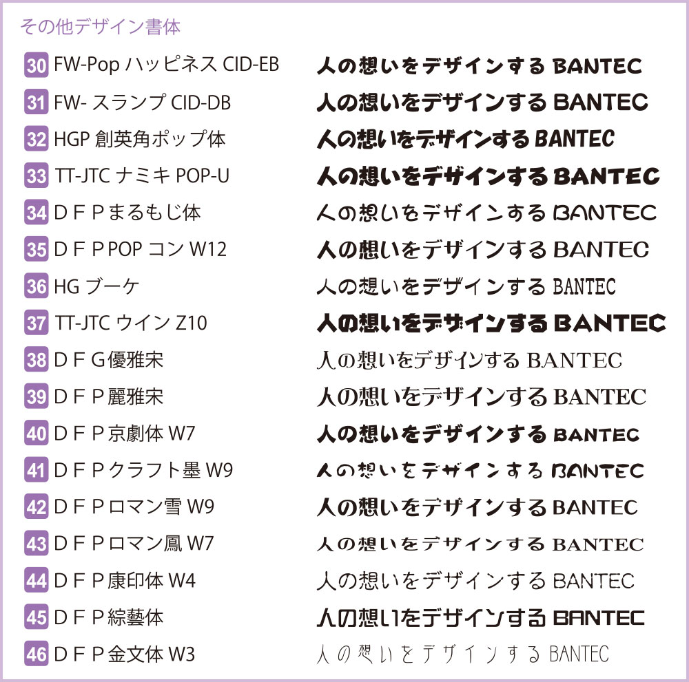 使用できるフォントの一例　その他デザイン書体